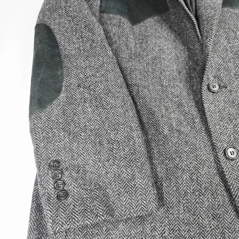 Bar WS Blazer Mens 43 Wool Gray Herringbone Suede Elbow Patch‎ Western Uruguay